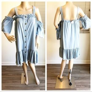 NEW On The Road by Neiman Marcus blue chambray cold shoulder denim dress